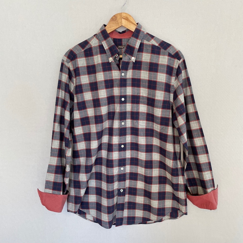 J. MCLAUGHLIN Men’s Medium Blue Plaid Red Cuffs Button Front Shirt